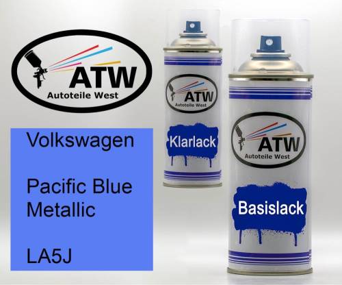 Volkswagen, Pacific Blue Metallic, LA5J: 400ml Sprühdose + 400ml Klarlack - Set, von ATW Autoteile West.